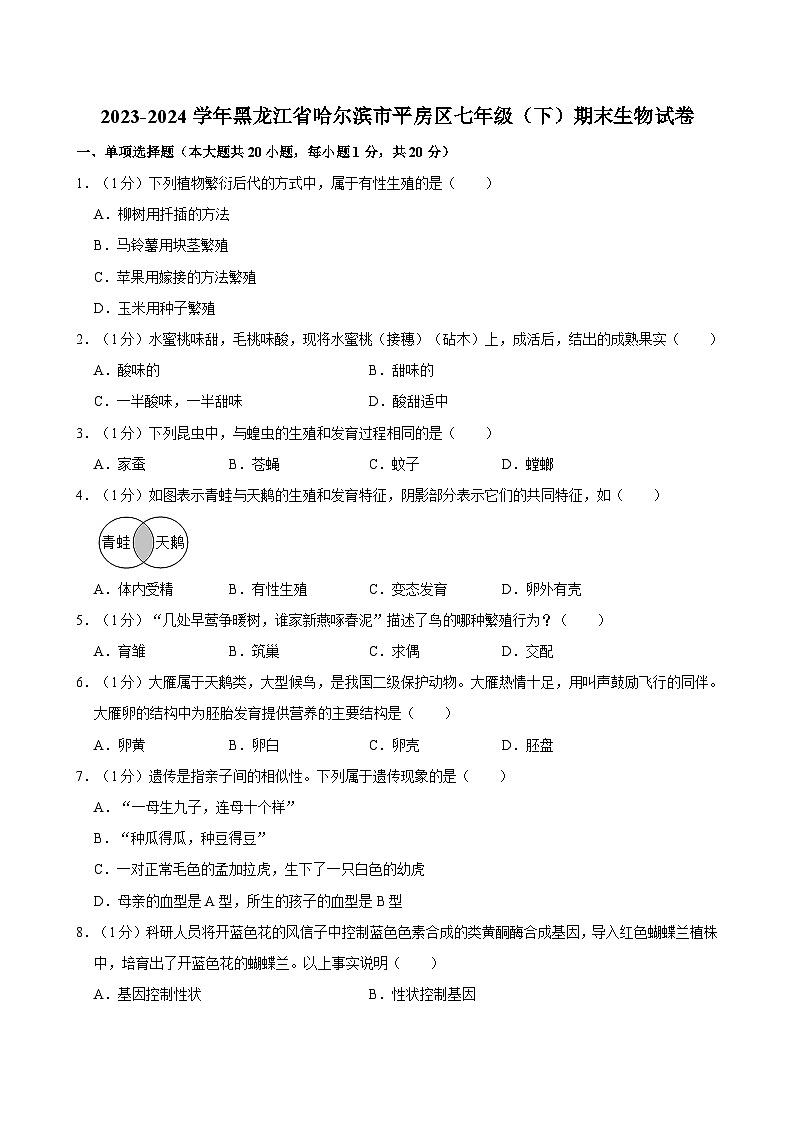 2023-2024学年黑龙江省哈尔滨市平房区七年级（下）期末生物试卷第1页