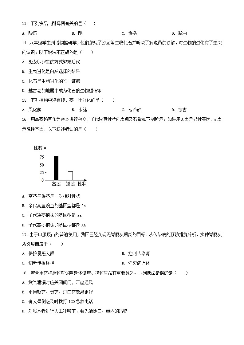 2024年宁夏石嘴山中考真题生物试题及答案03
