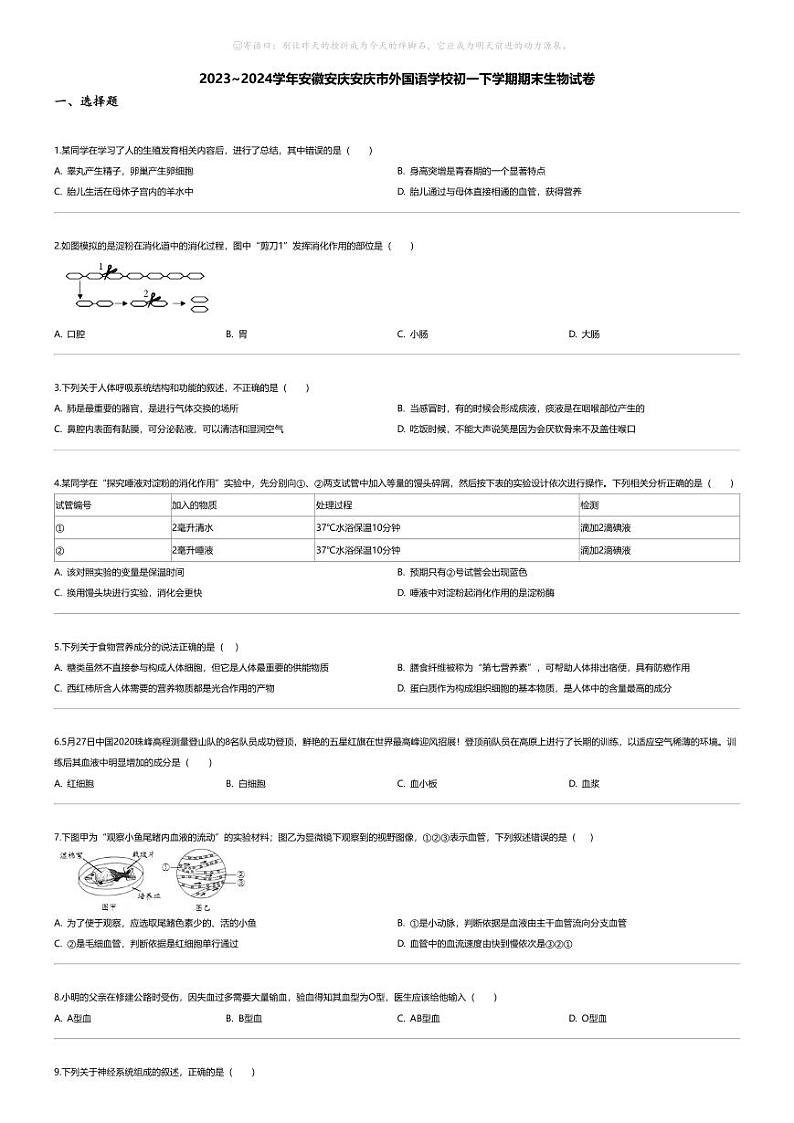[生物][期末]2023_2024学年安徽安庆安庆市外国语学校初一下学期期末生物试卷第1页
