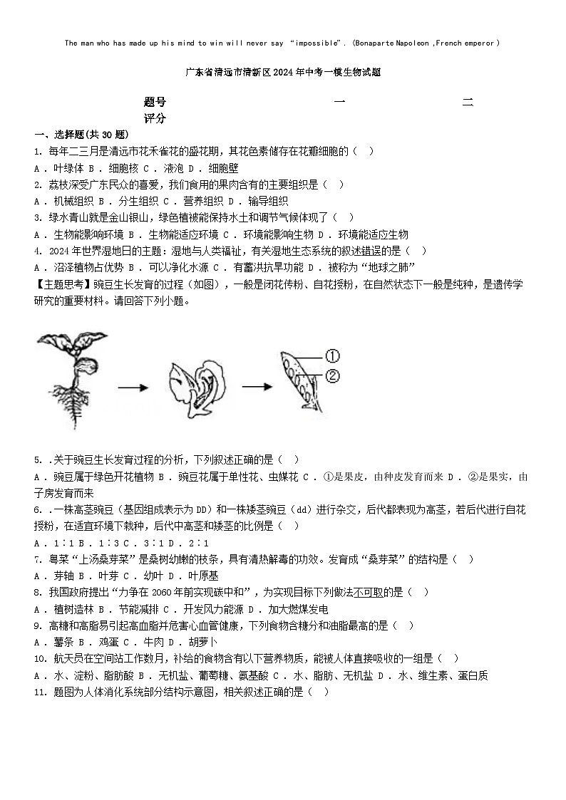 [生物][一模]广东省清远市清新区2024年中考一模生物试题01
