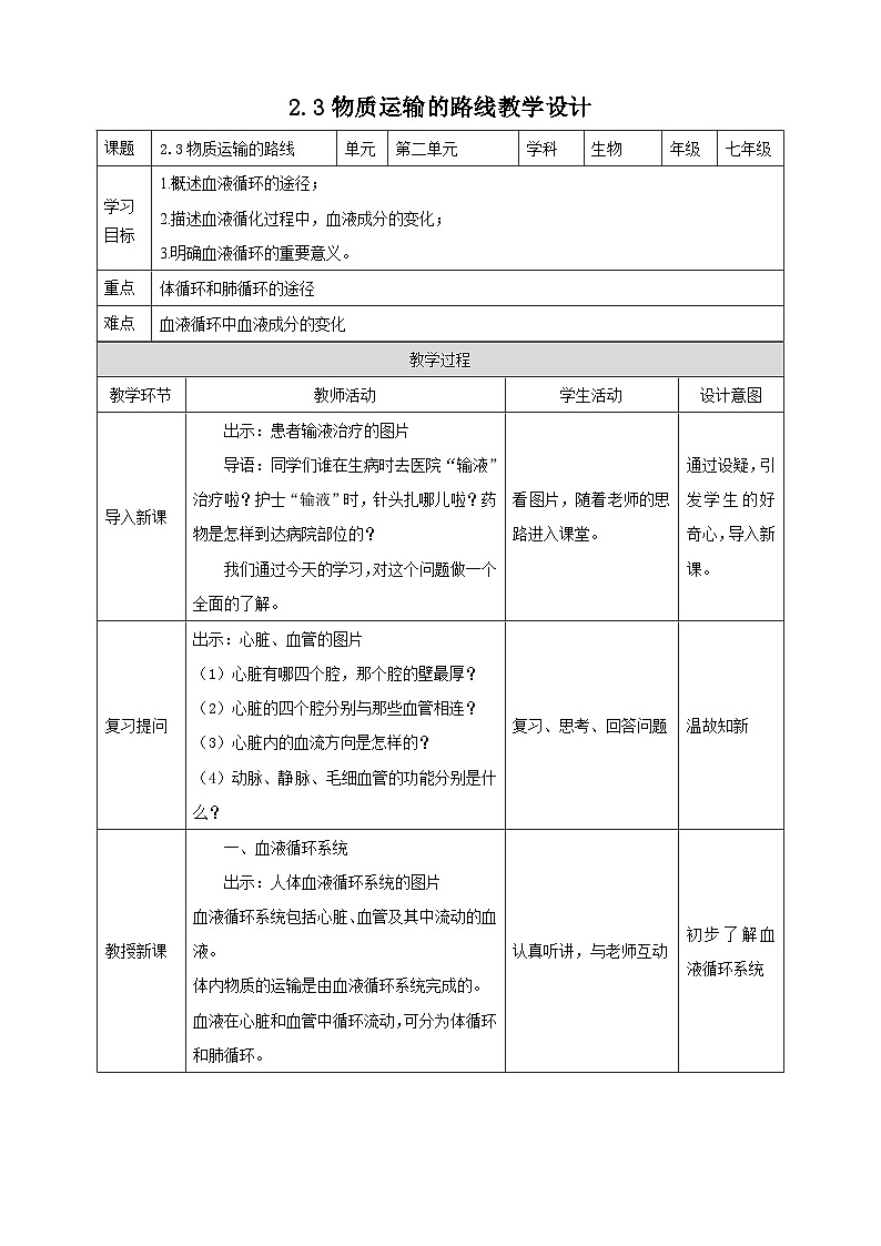 冀教版生物七下2.2.3物质运输的路线教案01
