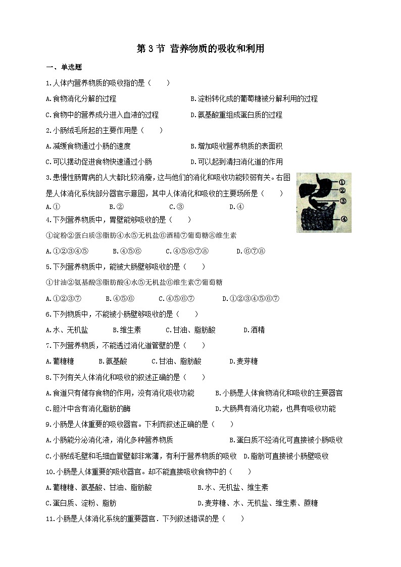 冀教版生物七下2.1.3营养物质的吸收和利用练习01