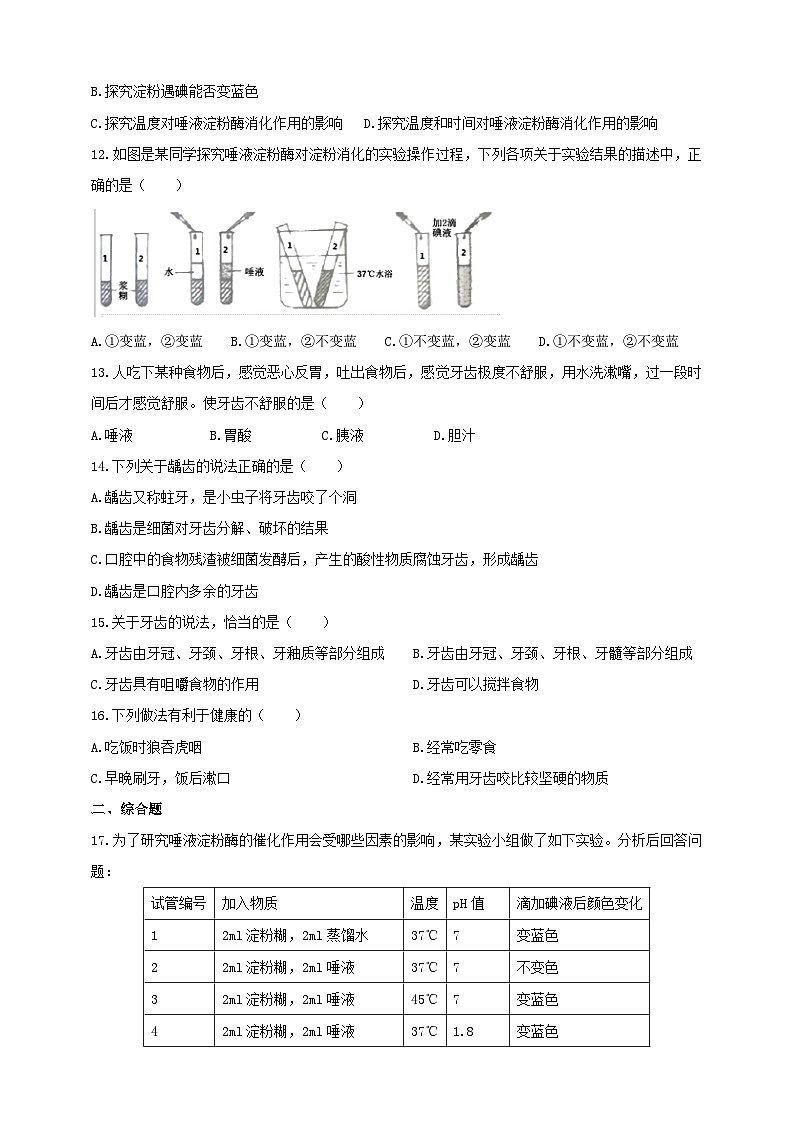 冀教版生物七下2.1.2食物的消化（1）练习02