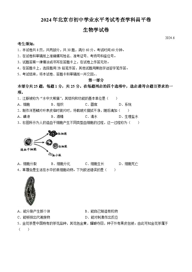 2024年北京市昌平区学业水平考试生物试题(无答案)01
