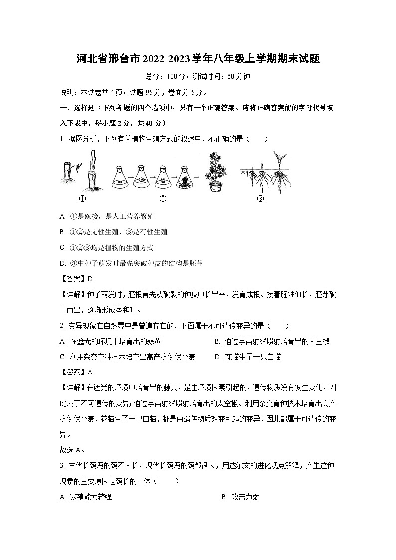 [生物][期末]河北省邢台市2022-2023学年八年级上学期期末试题(解析版)第1页