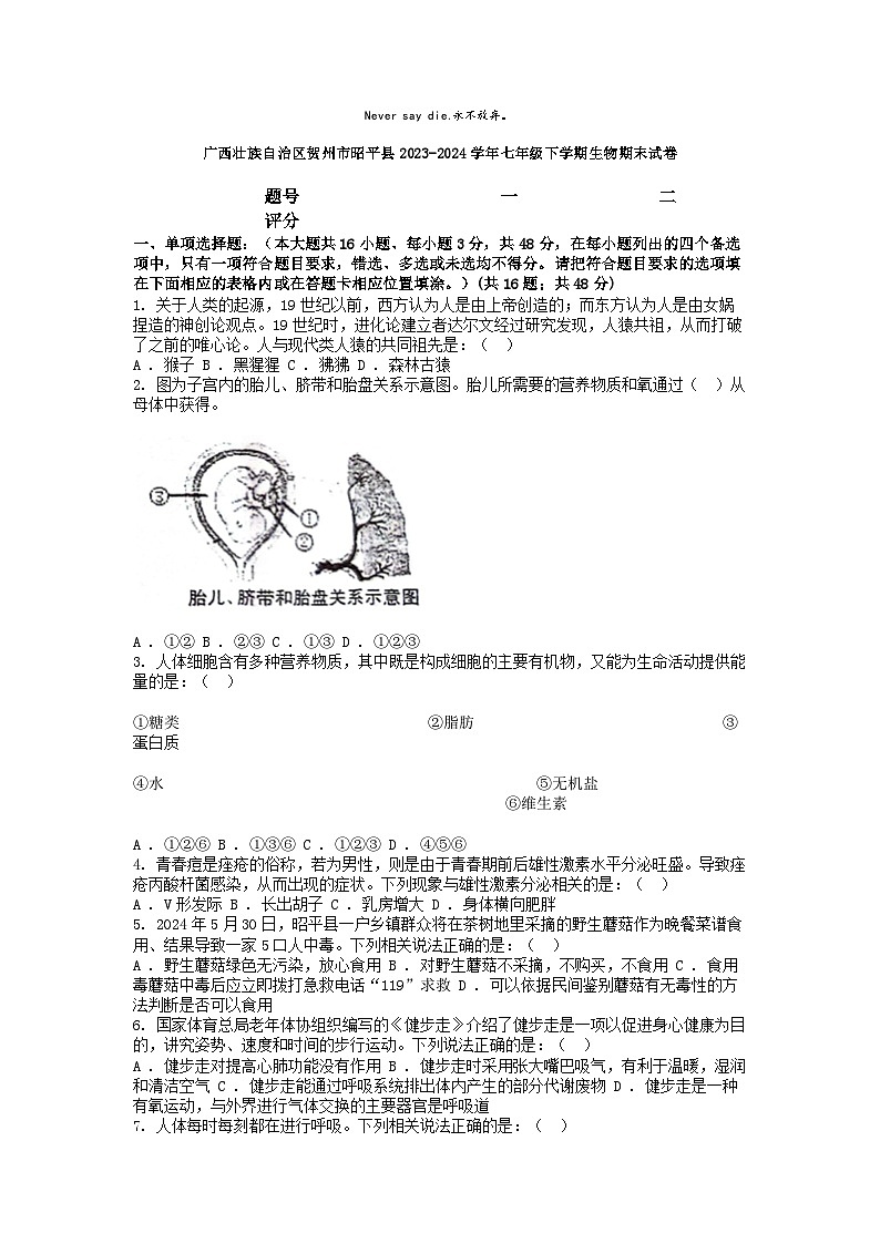 [生物][期末]广西壮族自治区贺州市昭平县2023-2024学年七年级下学期生物期末试卷第1页