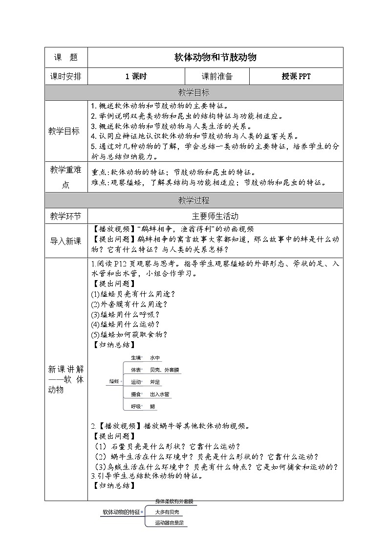 人教版八年级生物上册教案 第5单元第1章第3节 软体动物和节肢动物第1页