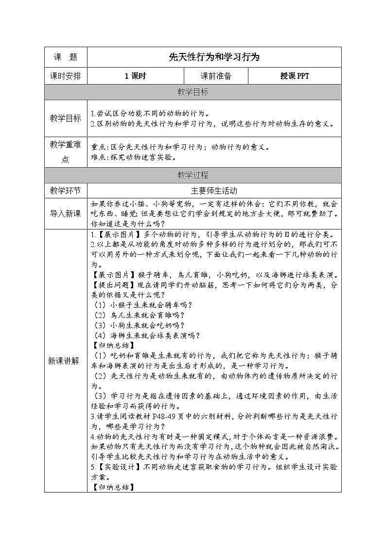 人教版八年级生物上册教案 第5单元第2章第2节  先天性行为和学习行为01
