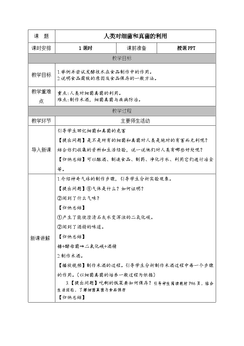 人教版八年级生物上册教案 第5单元第4章第5节  人类对细菌和真菌的利用第1页