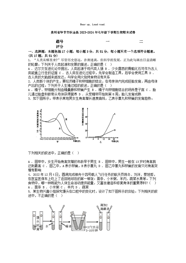 [生物][期末]贵州省毕节市织金县2023-2024年七年级下学期生物期末试卷第1页