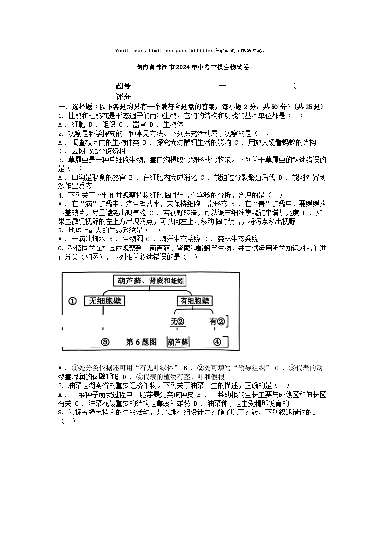 [生物][三模]湖南省株洲市2024年中考三模生物试卷01