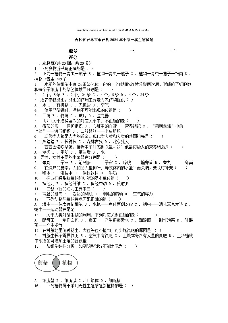 [生物][一模]吉林省吉林市永吉县2024年中考一模生物试题01