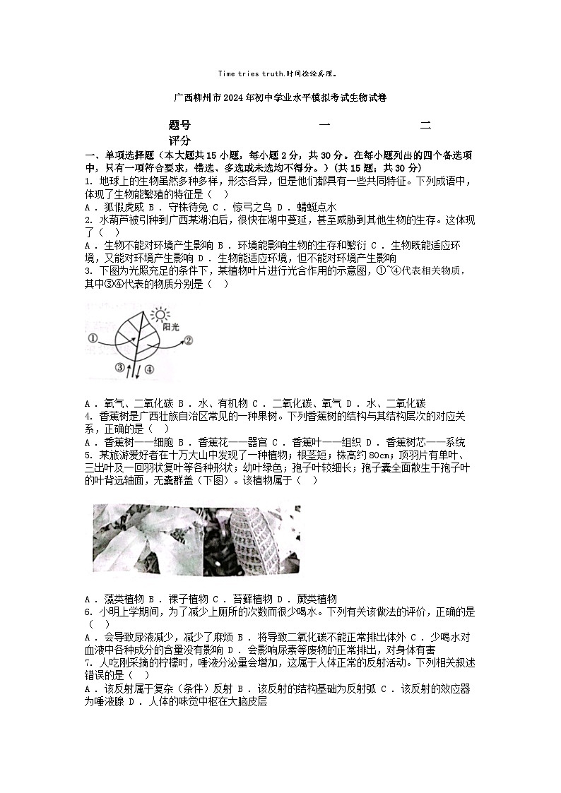 [生物]广西柳州市2024年初中学业水平模拟考试生物试卷01