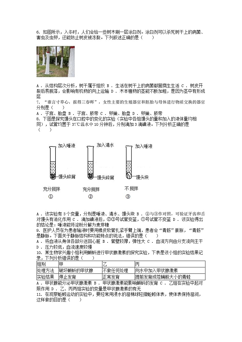 [生物][一模]湖南省益阳市大通湖区2024年中考一模生物试题02