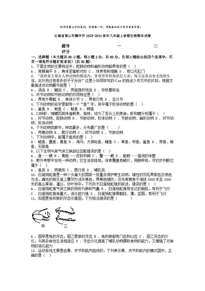 [生物][期末]云南省保山市腾冲市2023-2024学年八年级上学期生物期末试卷01