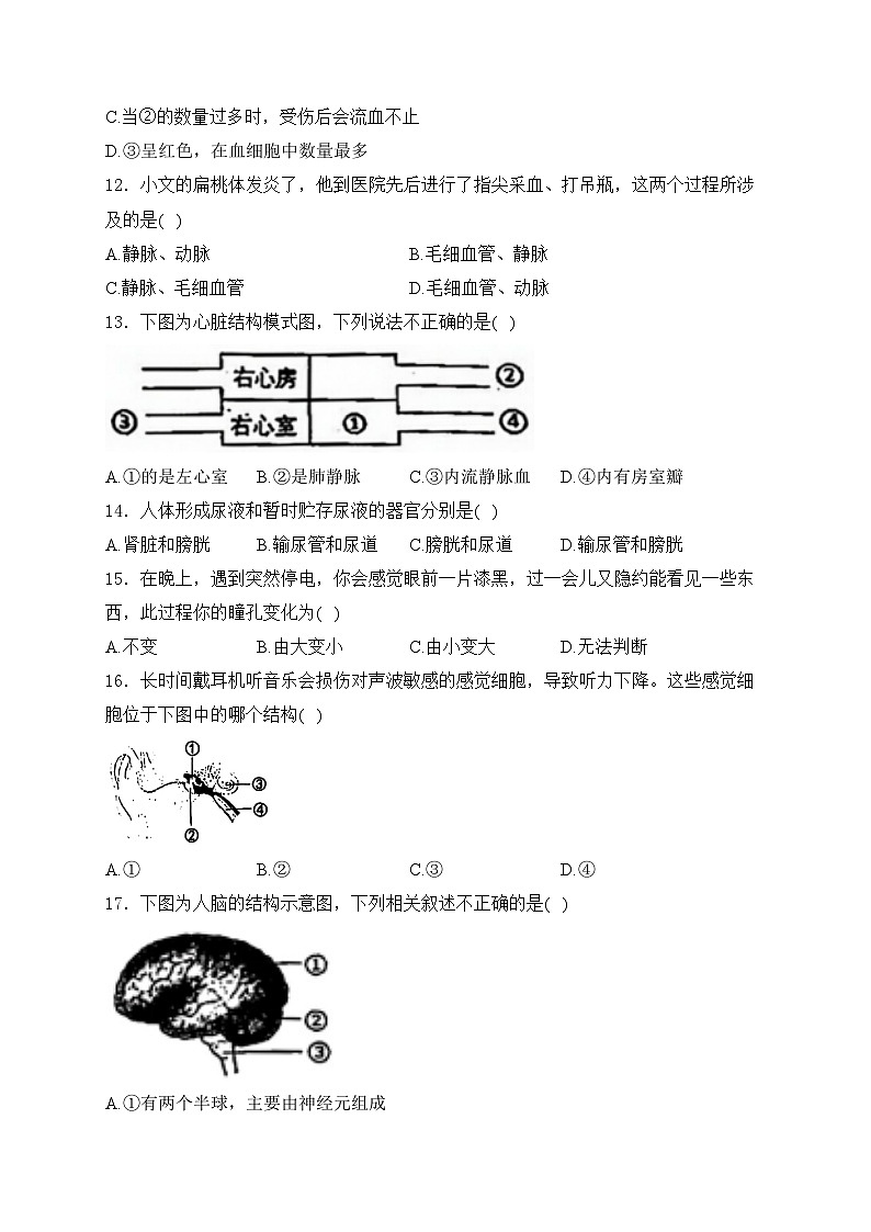 吉林省松原市乾安县2023-2024学年七年级下学期期末教学质量检测生物试卷(含答案)第3页