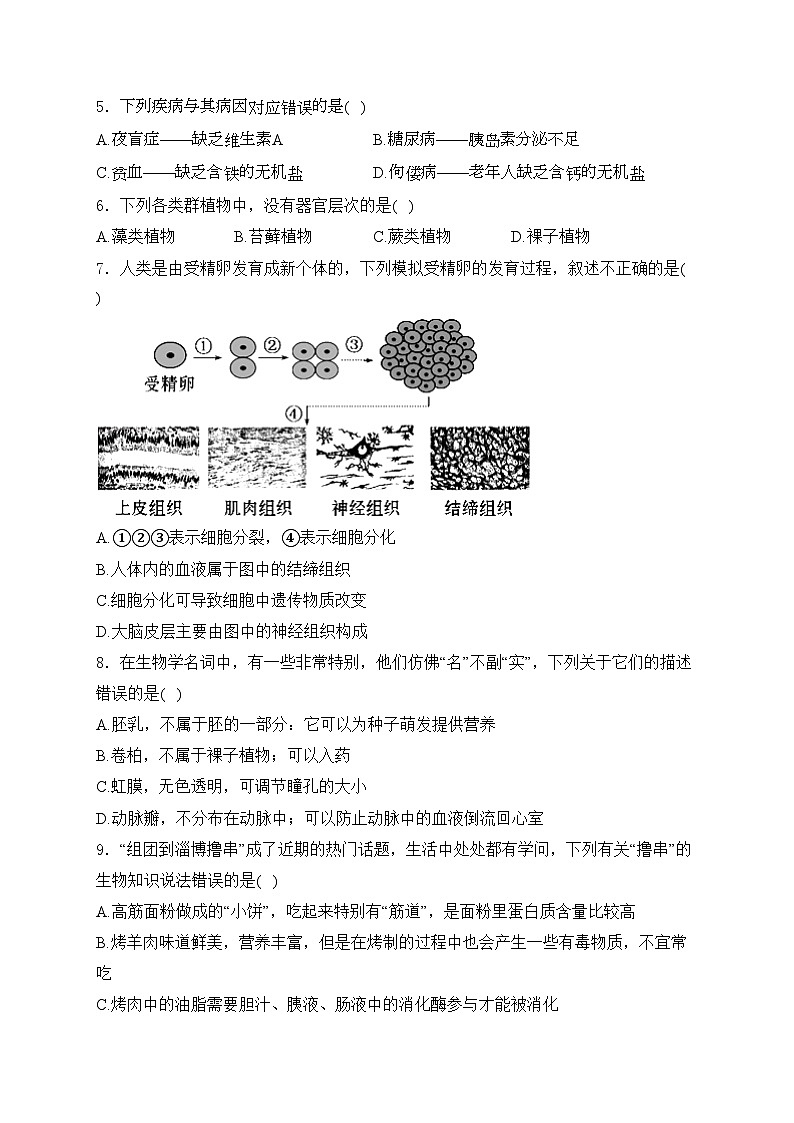 山东省济南市钢城区2024年中考生物模拟预测试卷(含答案)第2页
