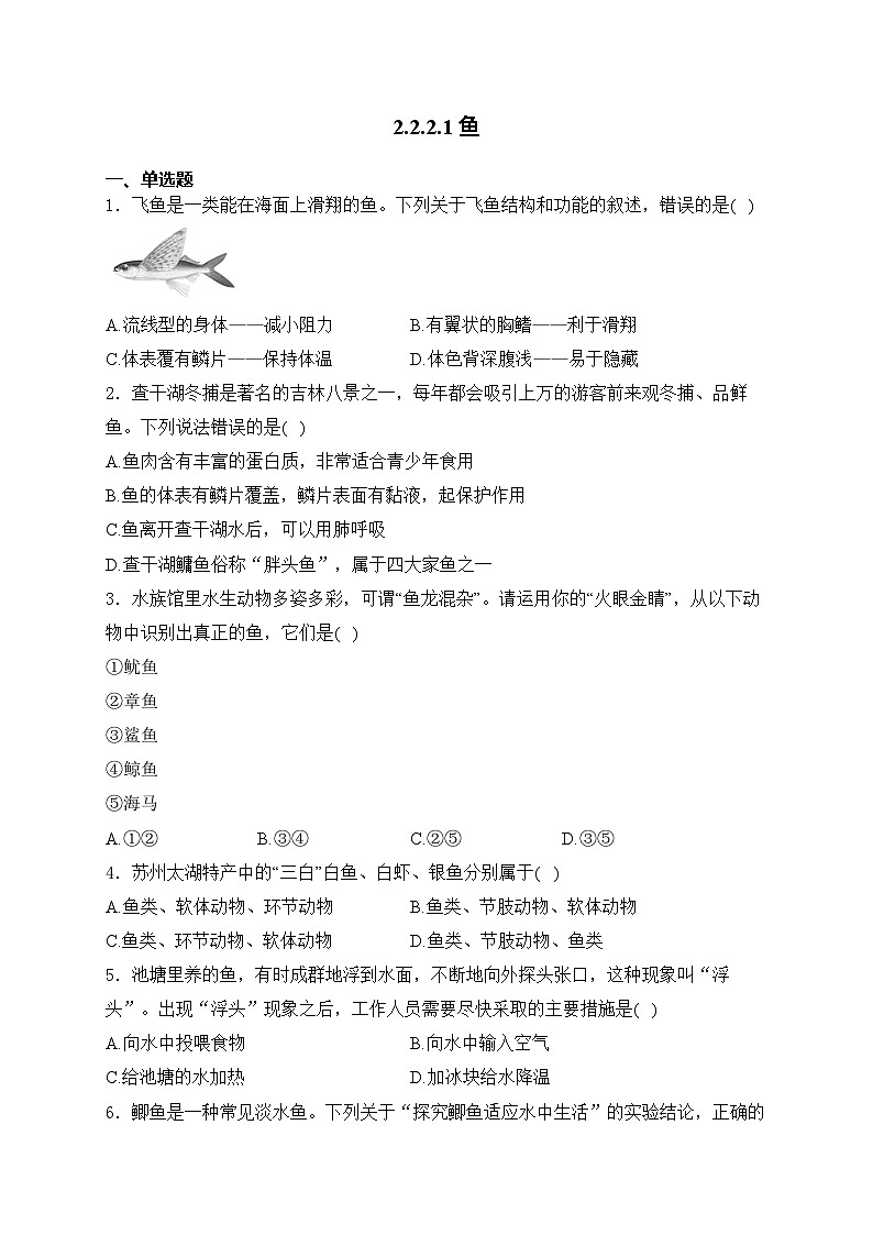 2.2.2.1鱼——人教版（2024）七年级生物上册同步课时作业01