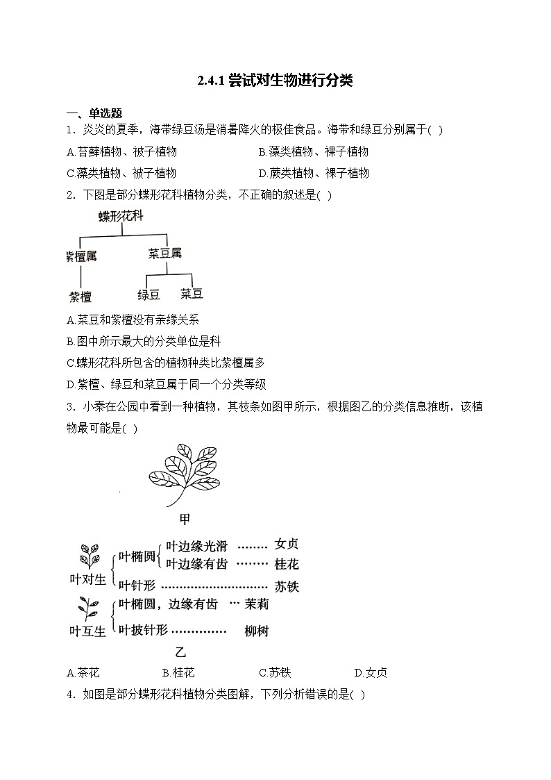 2.4.1 尝试对生物进行分类——人教版（2024）七年级生物上册同步课时作业01