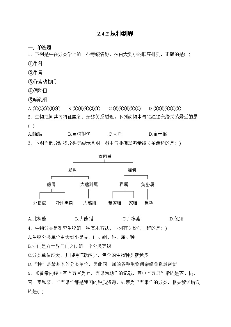 2.4.2 从种到界——人教版（2024）七年级生物上册同步课时作业01