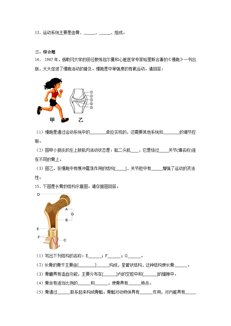 人教版初中生物八年级上册5.2.1《动物的运动》课时练习第3页