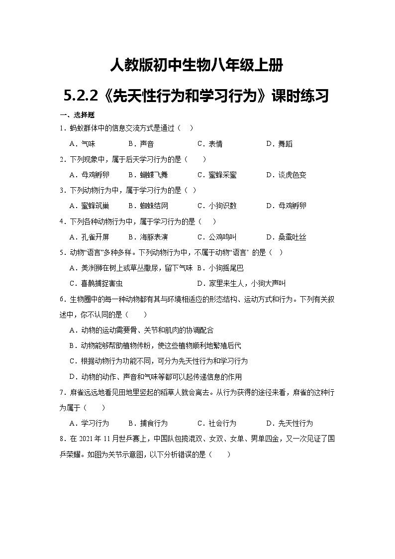 【核心素养】人教版初中生物八年级上册5.2.2《先天性行为和学习行为》课件＋课时练习＋教案（含教学反思）01