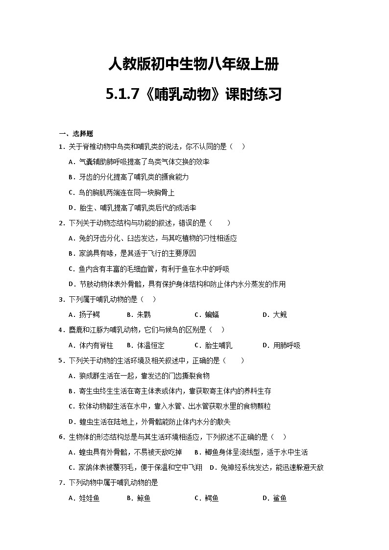 【核心素养】人教版初中生物八年级上册5.1.7《哺乳动物》课件＋课时练习＋教案（含教学反思）01