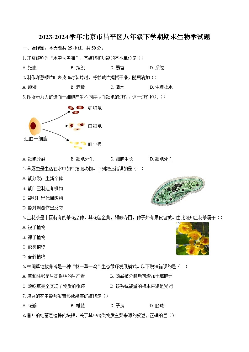 2023-2024学年北京市昌平区八年级下学期期末生物学试题（含答案）01