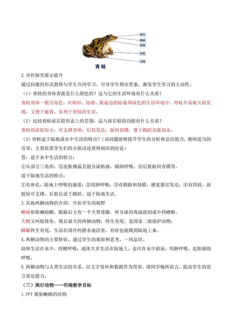 5.1.5 两栖动物和爬行动物（教学设计） 2023-2004八年级生物上册同步讲义（人教版）02