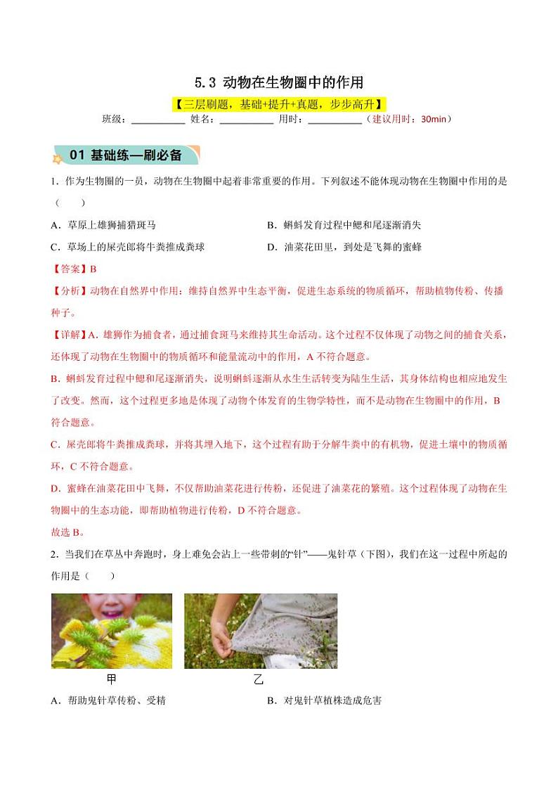 5.3 动物在生物圈中的作用（含答案） 2023-2004八年级生物上册同步讲义（人教版）01