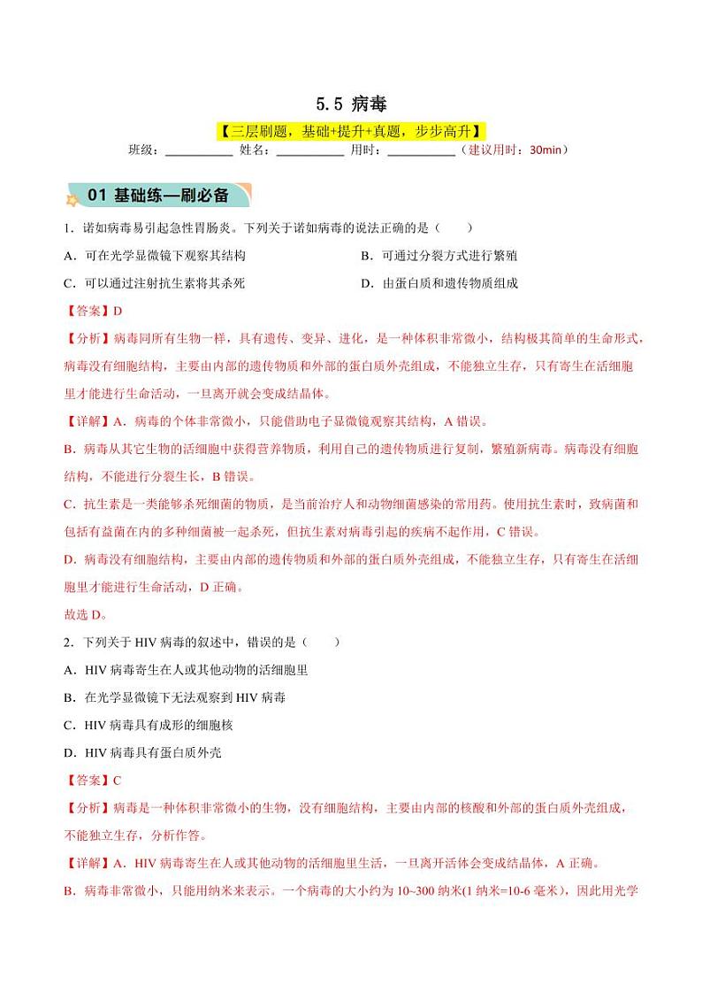 5.5 病毒（含答案） 2023-2004八年级生物上册同步讲义（人教版）01