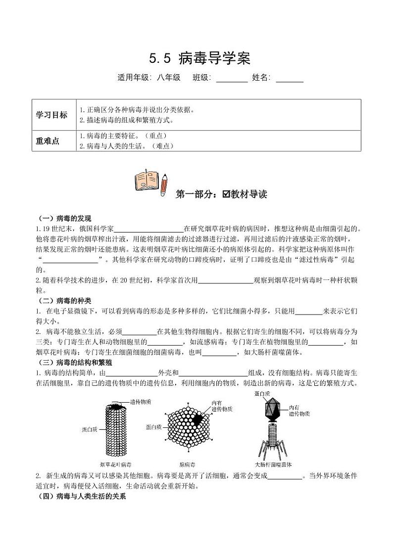 5.5 病毒（导学案）（含答案） 2023-2004八年级生物上册同步讲义（人教版）01