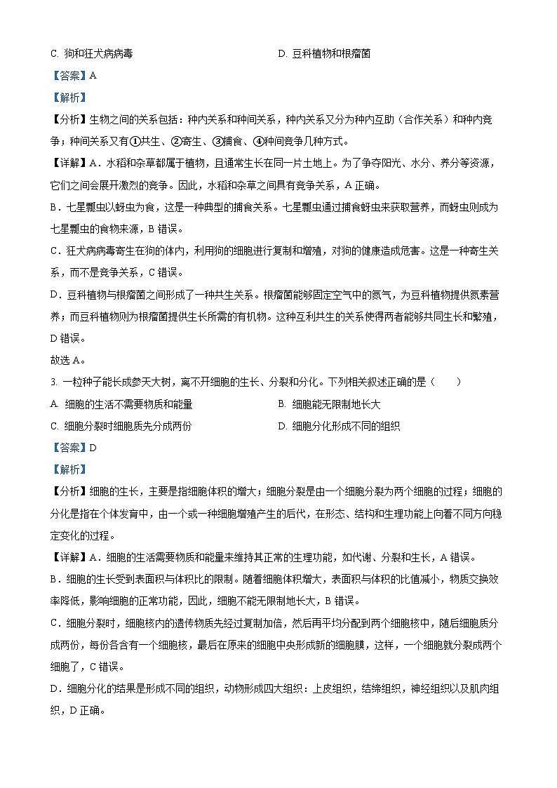 2024年吉林省长春市中考生物真题02