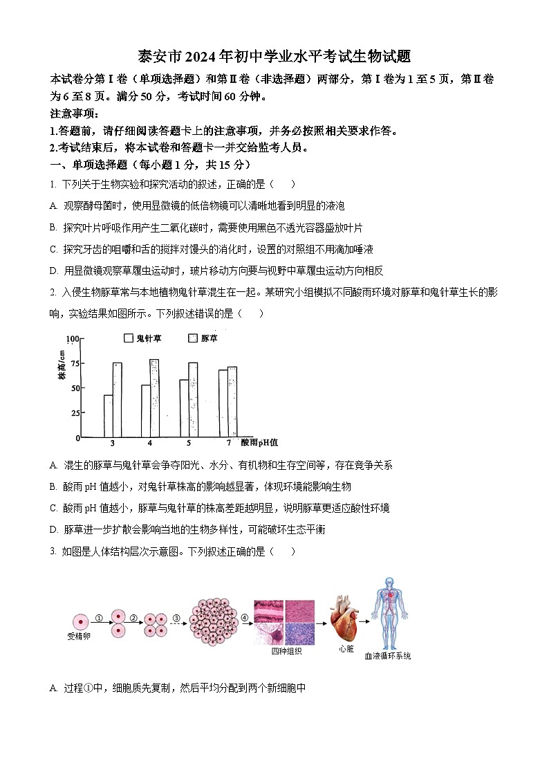 2024年山东省泰安市中考生物真题01