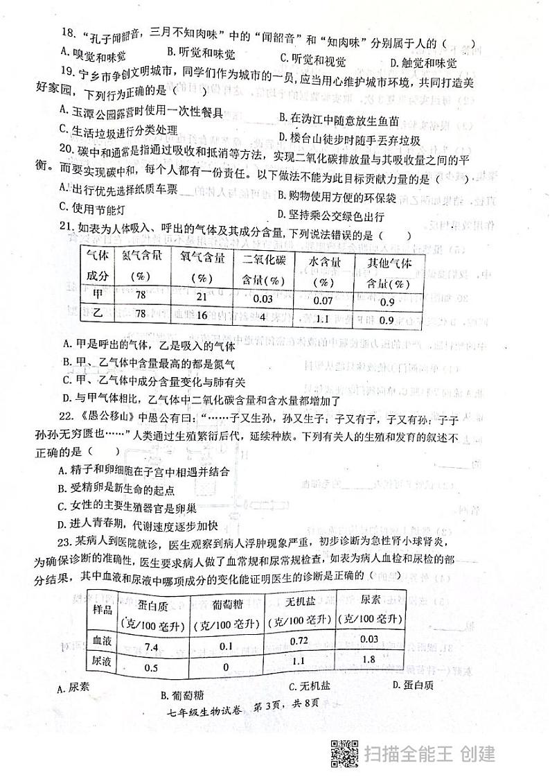 湖南省长沙市宁乡市2023-2024学年七年级下学期期末生物试题03