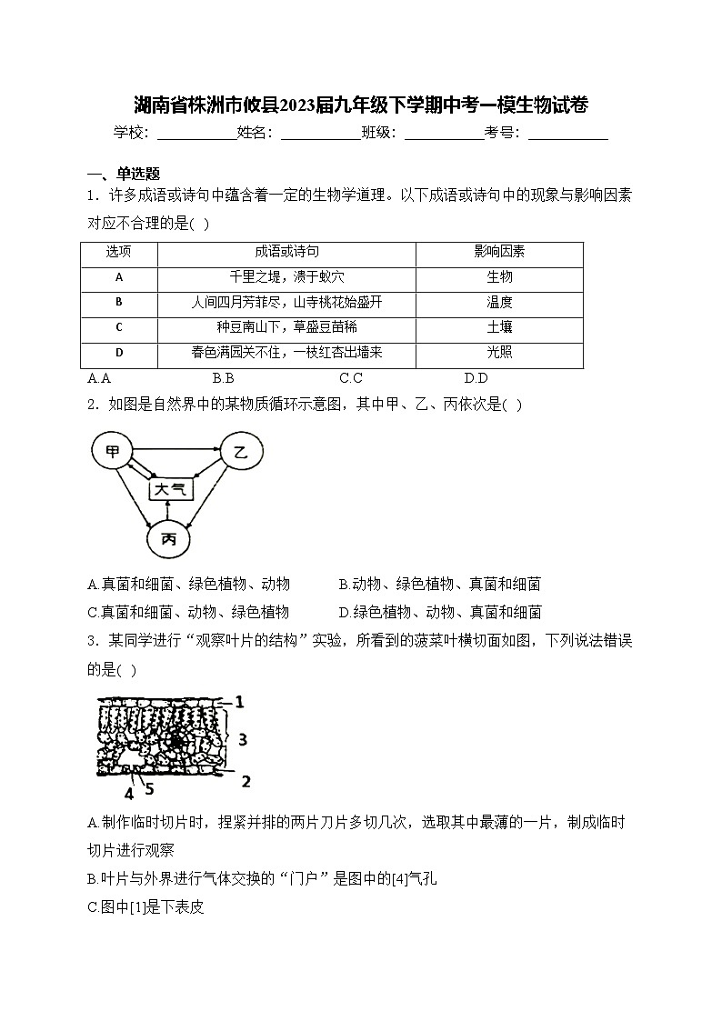 湖南省株洲市攸县2023届九年级下学期中考一模生物试卷(含答案)01