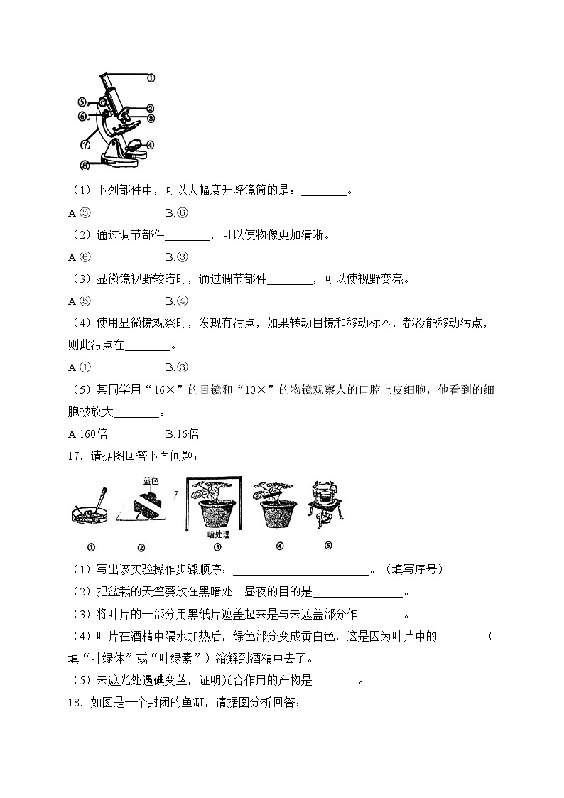 沭阳县怀文中学2023-2024学年七年级上学期期中考试生物试卷(含答案)03