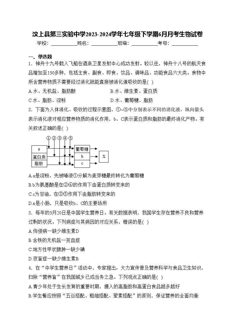 汶上县第三实验中学2023-2024学年七年级下学期6月月考生物试卷(含答案)第1页
