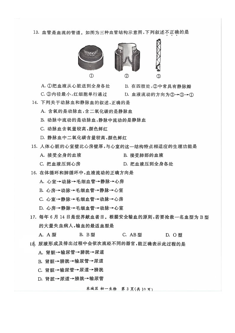 [生物]2024北京东城初一下学期期末生物试卷第3页