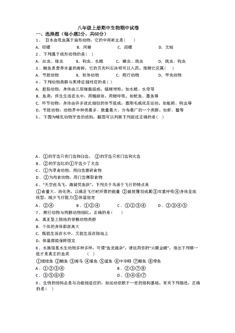 人教 版八年级上册生物期中试卷(解析版)第1页