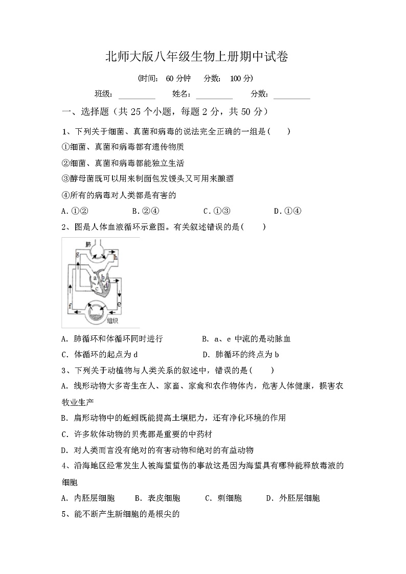 北师大版八年级生物上册期中试卷（含答案）01