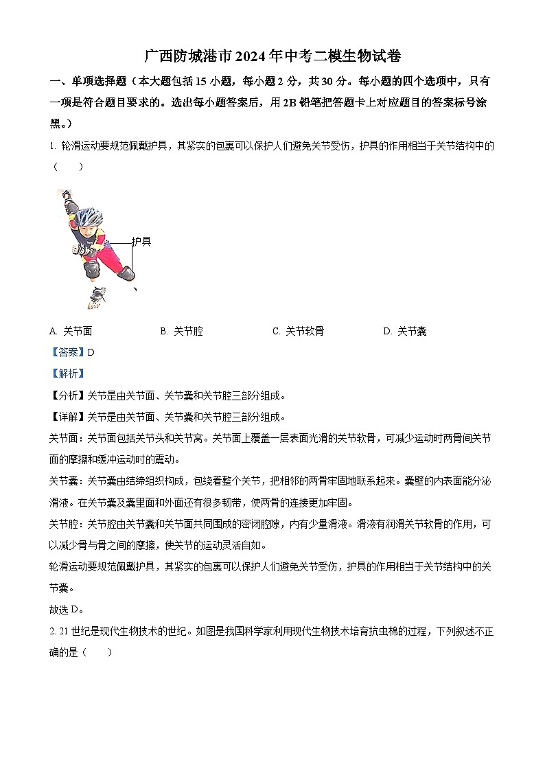 2024年广西防城港市中考二模生物试题（原卷版+解析版）01