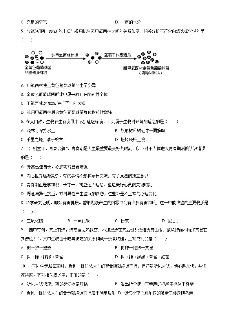 2024年广西防城港市中考二模生物试题（原卷版+解析版）02