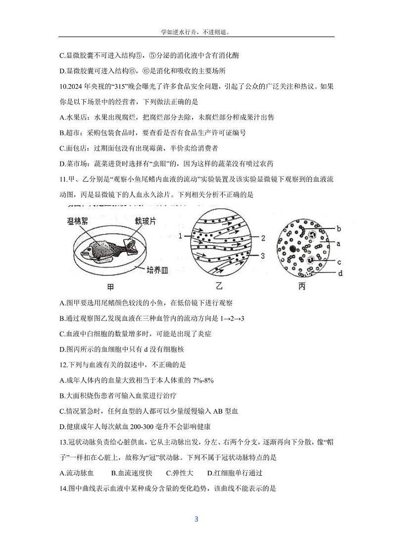 [生物][期末]四川省绵阳市江油市2023-2024学年七年级下学期期末考试试卷第3页