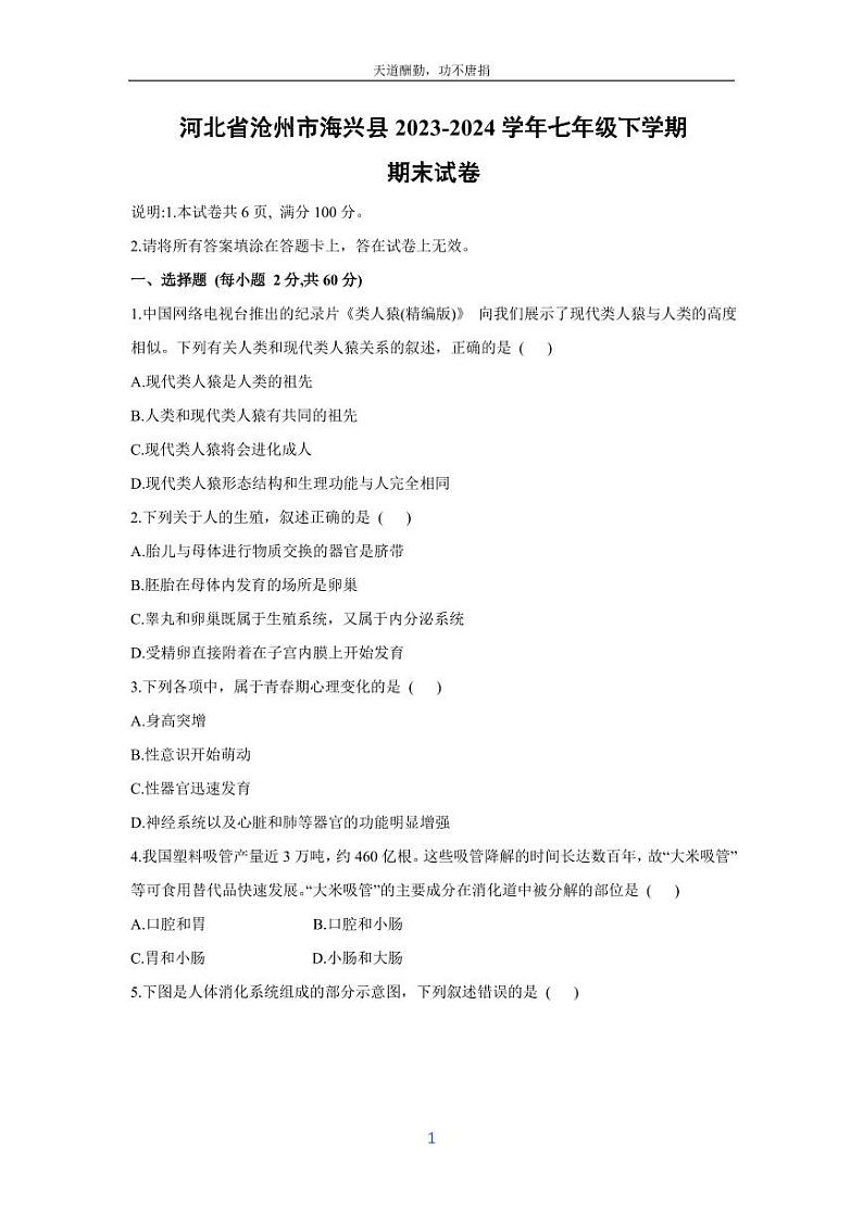 [生物][期末]河北省沧州市海兴县2023-2024学年七年级下学期期末试卷01