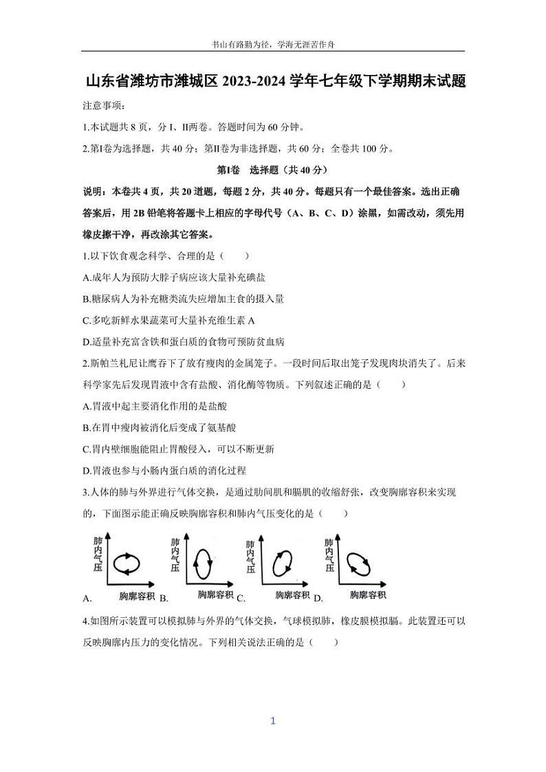 [生物][期末]山东省潍坊市潍城区2023-2024学年七年级下学期期末试题第1页
