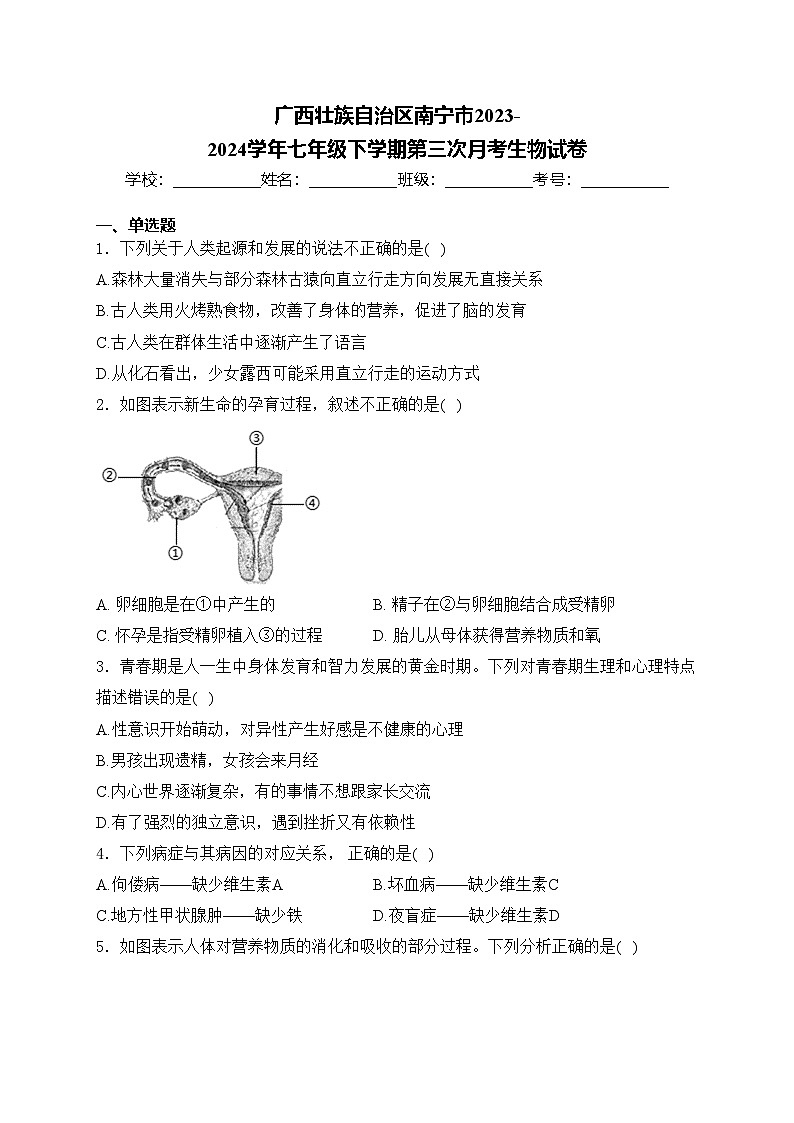 广西壮族自治区南宁市2023-2024学年七年级下学期第三次月考生物试卷(含答案)01