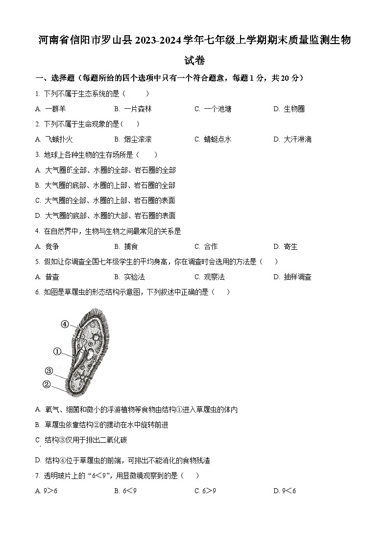 河南省信阳市罗山县2023-2024学年七年级上学期期末生物学试题（原卷版）第1页