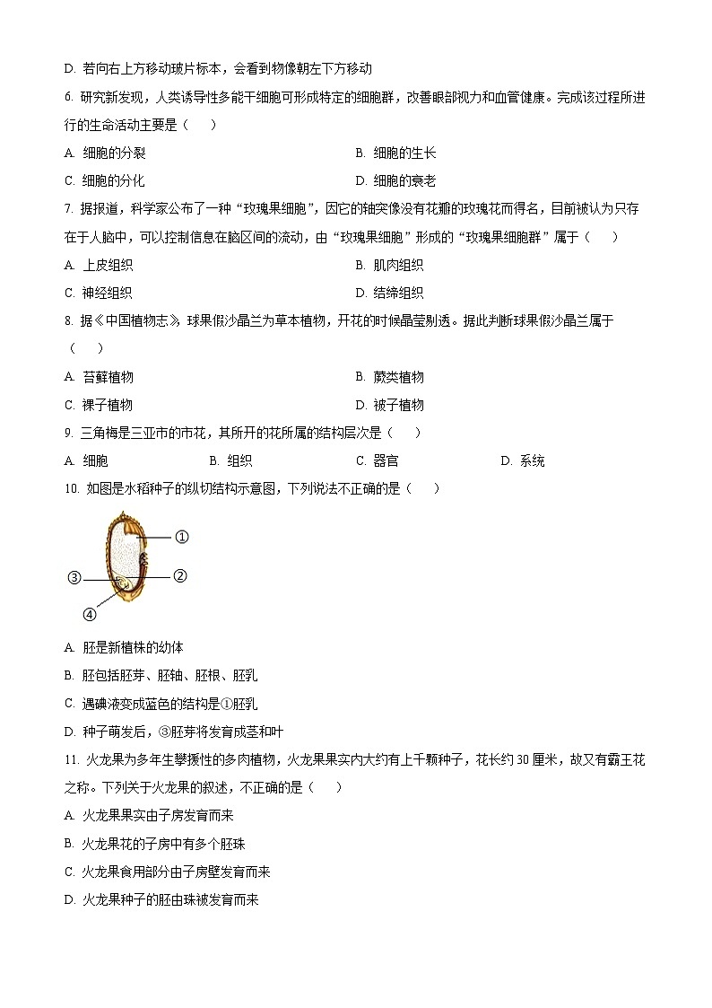 2024年海南省乐东县、陵水县八年级中考二模生物试题（原卷版）第2页