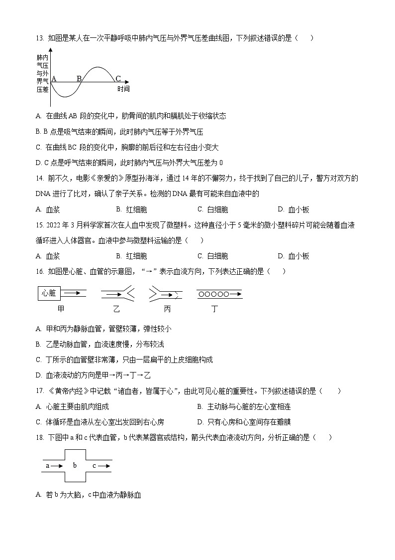 海南省海口市2023-2024学年七年级下学期期末生物学试题（原卷版）03